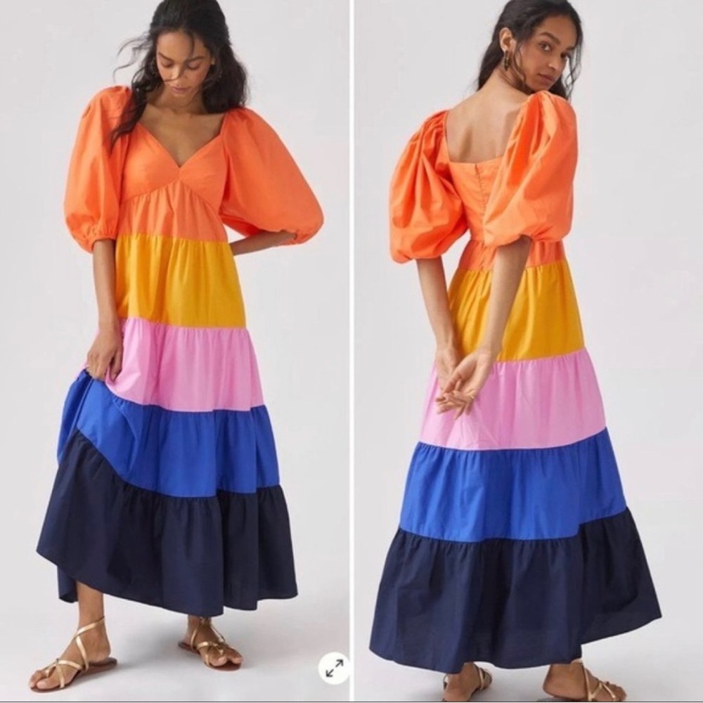 Farm Rio | NWT Anthropologie Anthro Puff Sleeve Color Block Maxi Dress New M